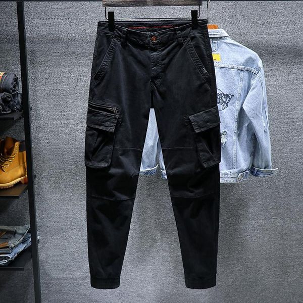 

european and american trend woven long pants black functional overalls corset casual men's small feet harem 0457