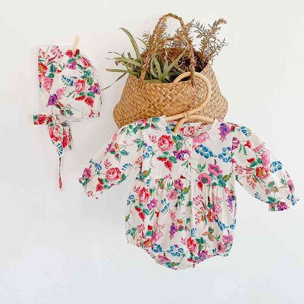 

autumn arrival baby girls long sleeve floral rompers romper with hat 210528, Blue