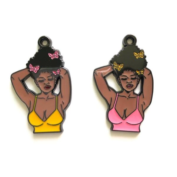 

charms 5pcs afro black girl enamel pendants for women bracelet making jewelry necklace keychain handmade accessories wholesale, Bronze;silver