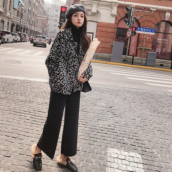 

women's jackets autumn and winter mink leopard sweater coat thickening korean version of loose short knit jacket women clothes, Black;brown