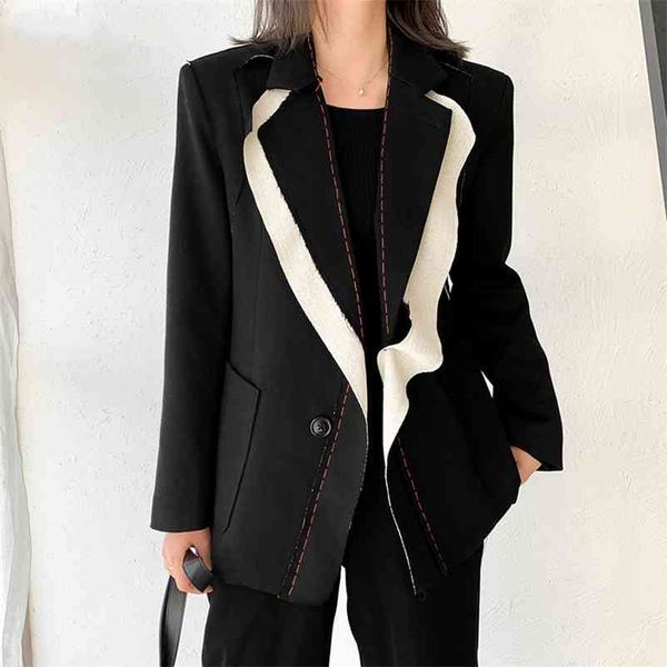 

spring women spliced hit color temperament blazer lapel long sleeve loose fit jacket fashion ladies office coat 210510, White;black