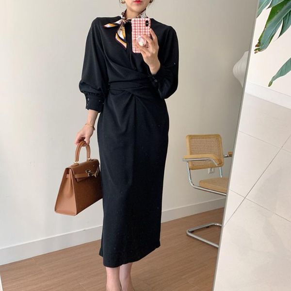 

casual dresses dress japanese style 2021 autumn solid color long sleeve round neck cross high waist fashion temperament elegance women', Black;gray