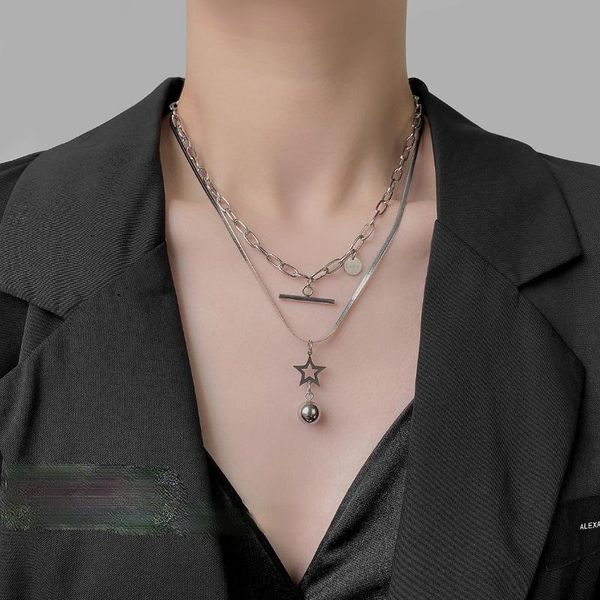 

pendant necklaces vsnow creative double-layer star round ball necklace for women girls geometric stick chunky curb chain jewelry, Silver