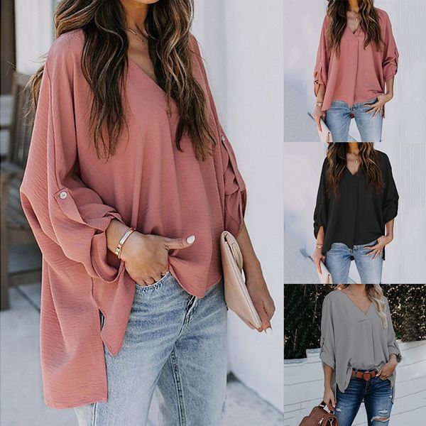 

autumn 2021 european and american fashion solid color v-neck long sleeve casual irregular loose shirt, White