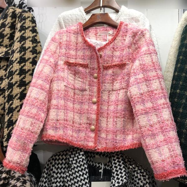

women's wool & blends pink vntage tweed short jacket for women sweet pockets plaid casual blazer, Black