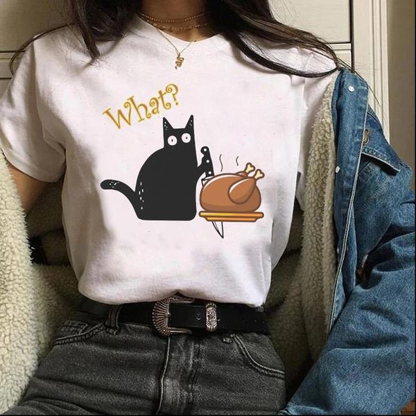 

clothes graphic cat turkey thanksgiving womens t shirts print short sleeve fall halloween tees female shirt, White