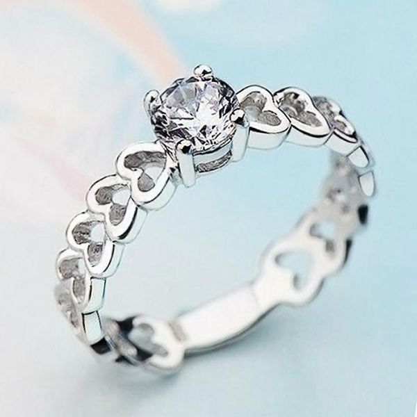 

wedding rings caoshi cute women ring distinctive design hollowed-out heart shape with 4-claw cz female jewelry for engagement ceremony, Slivery;golden