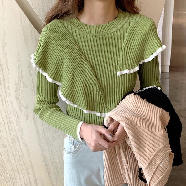 

autumn winter pullovers fashion patchwork womens sweaters ruffles full sleeve, White;black