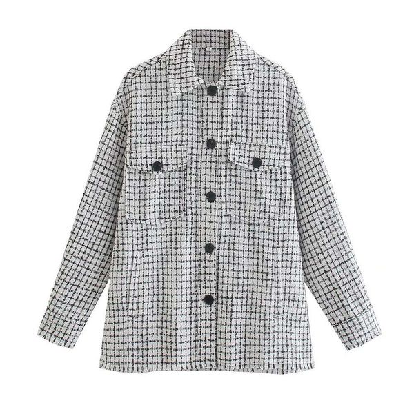 

autumn women's style lapel plaid texture pocket shirt coat, Black;brown