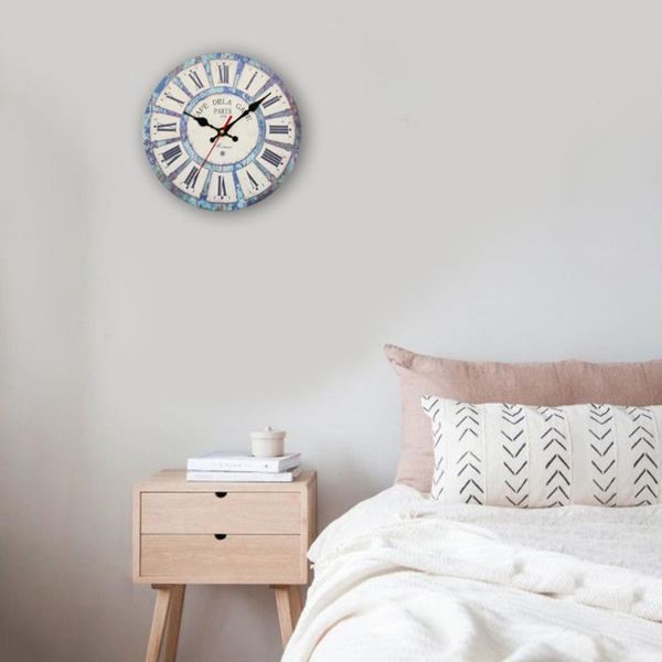 

silent clock country style retro wall household bedroom living room hanging bar decor without battery (sky-blue clocks