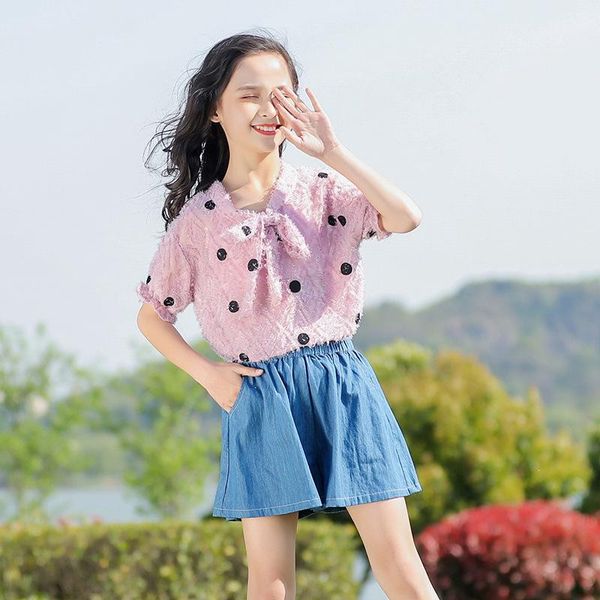 

clothing sets children casual denim shorts summer kids clothes girls wave point tassel +short jeans two-piece suits baby girl outfit, White