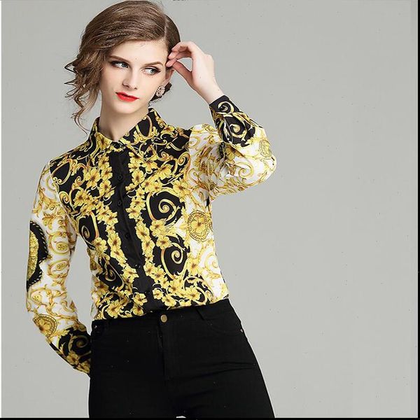 

style women shirts fashion baroque wind totem print lapel long sleeved shirt drop good quality, White