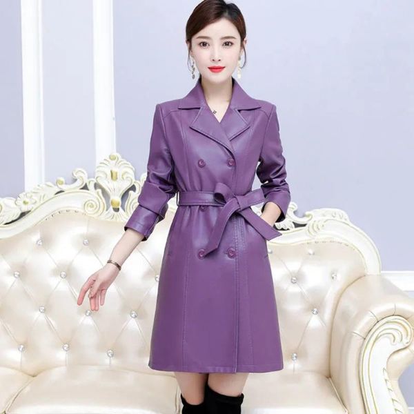 

women's leather & faux fall casual simple jacket lady pu women clothing plus size 7xl moms trench long street coat, Black