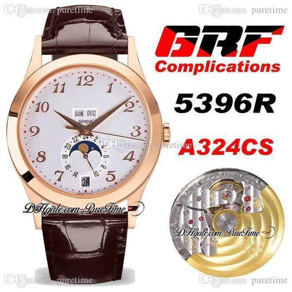 

grf complications annual calendar 5396r a324cs automatic mens watch rose gold white dial number markers moon phase brown leather super editi, Slivery;brown