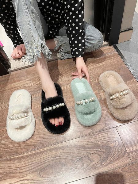 

slippers female shoes womens outdoor string bead slides flock platform fashion low fur flip flops 2021 summer flat luxury soft, Black
