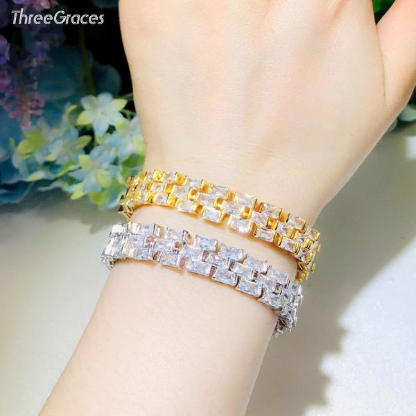 

link, chain threegraces sparkling geometric cubic zirconia gold color wedding bracelet bangles for brides fashion costume jewelry br162, Black