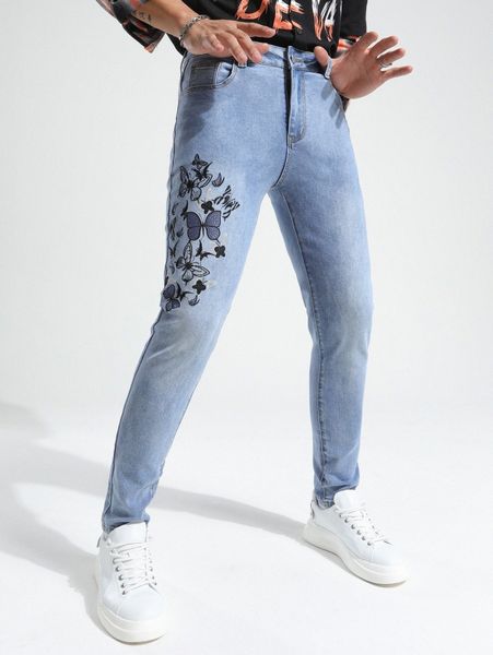 

men butterfly embroidery slant pocket jeans e8aw#, Blue