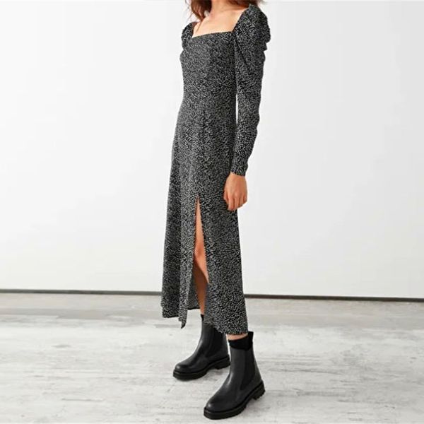 

paris girl vintage dot print midi dress women puff long sleeve split chic es square collar elegant vestidos 210524, Black;gray