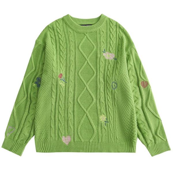 

men's sweaters women embroidery flower heart knitted loose hiphop streetwear oversize couple green pullovers sweater knitwear, White;black