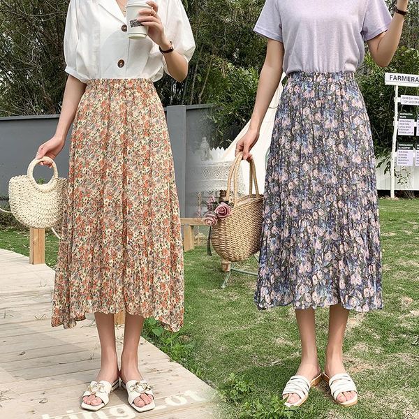 

skirts floral long pleated korean fashion high-waisted vintage spring autumn summer women's clothing skirt women vetement femme 2021, Black