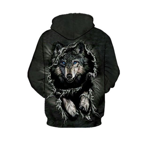 

wind 3d digital printing wolf head hooded women's sweater, Black
