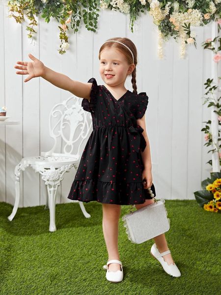 

toddler girls confetti heart print flutter sleeve tie side ruffle hem dress she, Red;yellow