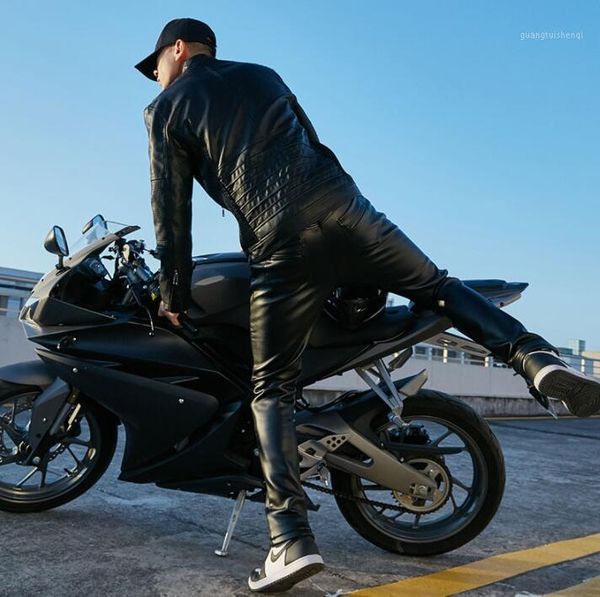 

plus velvet thickening leather jacket men faux coat and pants 1 set jaqueta de couro masculino winter warm black men's fur &