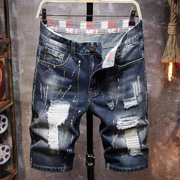 

summer new men's graffiti ripped denim shorts personality fashion retro slim hole short jeans male brand clothes 210330, White;black
