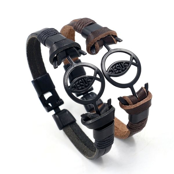 

wristbands jesus letter bracelet fish leather woven religious hand jewelry punk wristbands beads leather bangles, Golden;silver