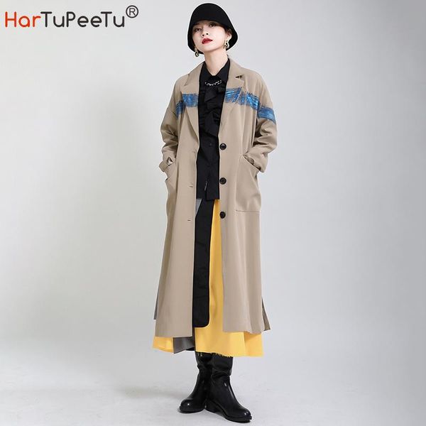 

spring autumn women long trench coat side split elegant oversized windbreaker print single-breasted outwear with pockets women's coats, Tan;black