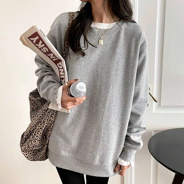 

women solid large size fashion casual thick sweatshirts outwear all match loose korean warm o-neck sweatshirt 210421, Black