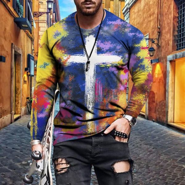 

men's t-shirts autumn tie-dye cross printe t shirt for men slim casual o neck printed t-shirt long sleeve plus size tshirt camiseta hom, White;black