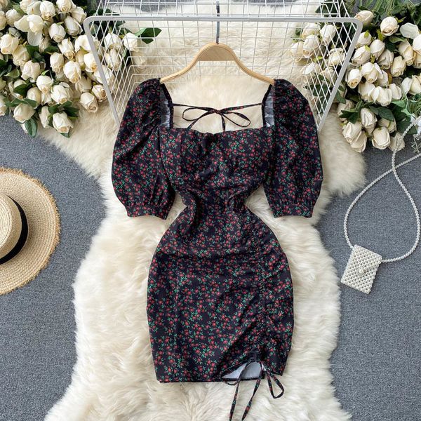 

singreiny women drawstring floral dress retro square collar puff sleeve slim mini dresses summer korean bohemian print dress 210419, Black;gray