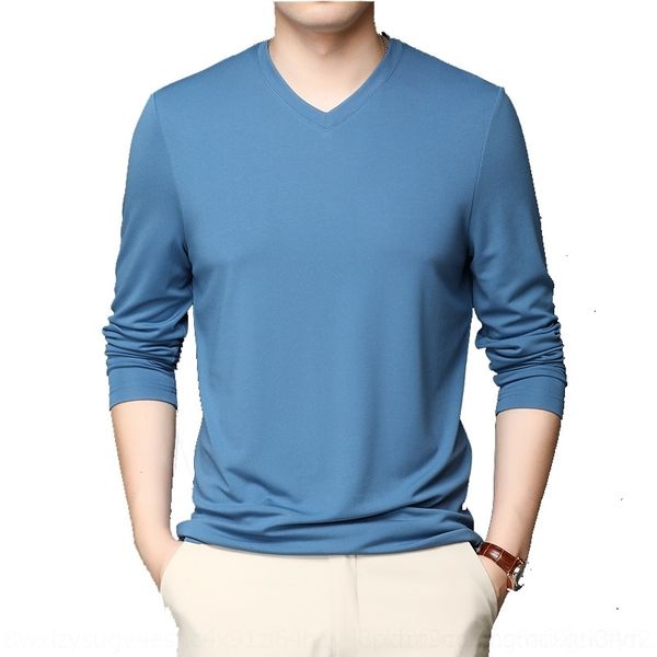 

fdzj 2021men's t-shirts) men's long sleeve t- v-neck solid color tide brand spring base mulberry silk t-shirt, White;black