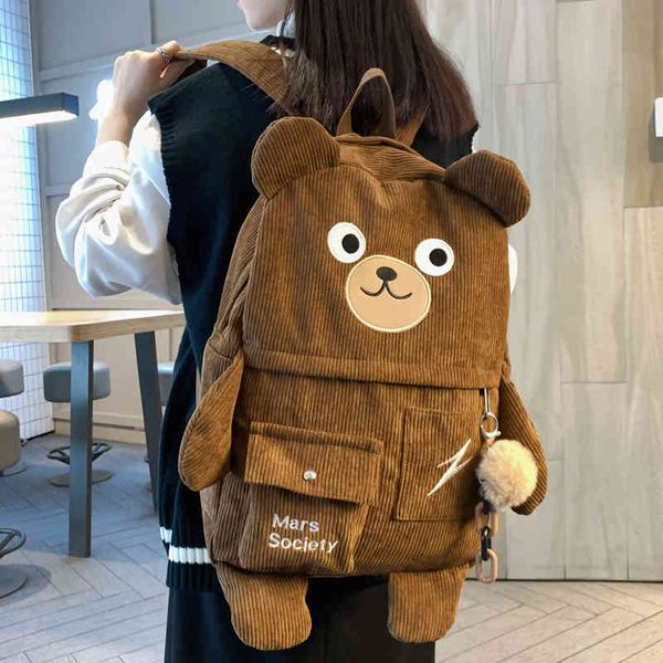 

backpack dcimor corduroy cute bear women female embroidery big winter schoolbag multi-pocket travel bag for teenage girls dy86