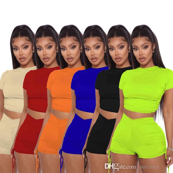 

women summer tracksuits 2 two piece outfits set backless drawstring short sleeve slim mini shorts suits sportswear jogging nightclub, Gray