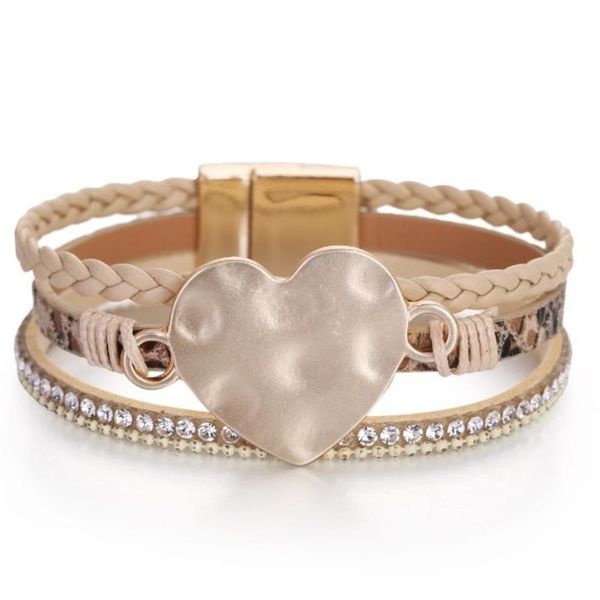 

charm bracelets pu leather women bracelet bohemian heart metal multi-layer wrap braided magnetic clasp fashion female jewelry, Golden;silver
