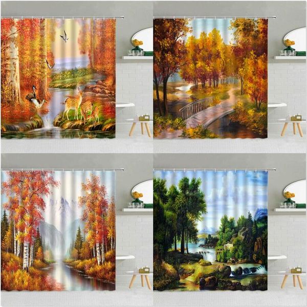 

shower curtains oil painting curtain autumn landscape forest river elk polyester fabric bathroom supplies hanging