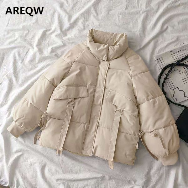 

solid color warm stand-up collar cotton jacket women winter wild loose ins puff jacket 210507, Black