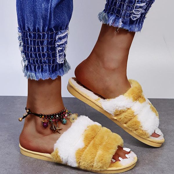 

slippers 2021 winter home women fur fashion irregular mixed-color ladies fluffy bedroom flat girls warm plush shoes, Black