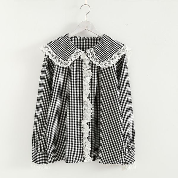 

women's blouses & shirts lamtrip unique lolita lace patchwork plaid vintage sweet cotton long sleeve shirt blouse 2021 spring ztwc, White