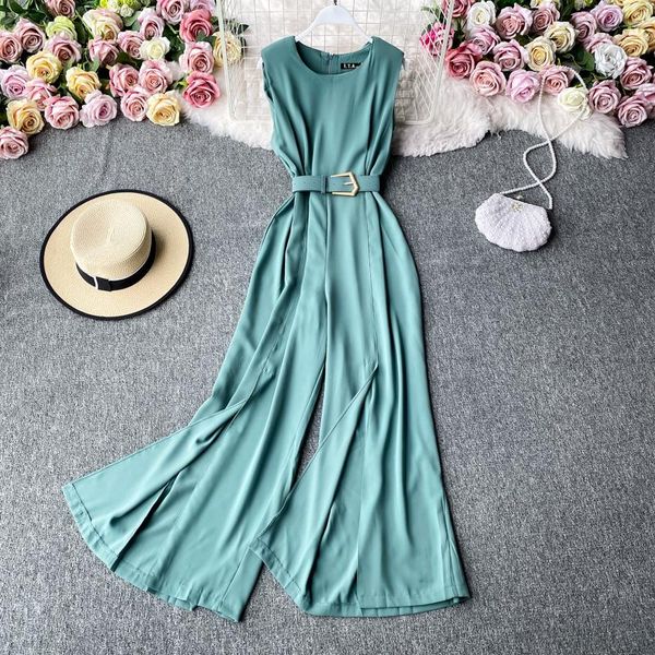 

women's jumpsuits & rompers sleeveless high waist belted jumpsuit slit pants women ladies trendy solid early fall j1, Black;white