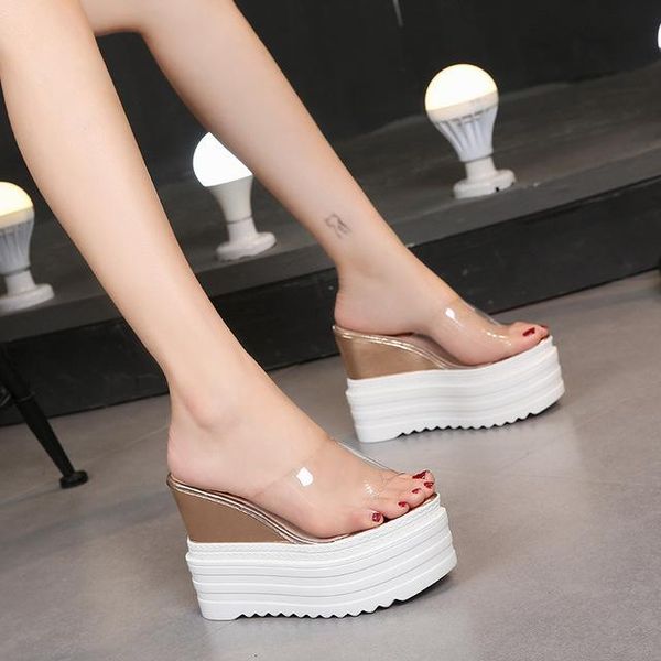 

slippers 2021 summer women shoes transparent platform wedge outdoor thick sole high heels 12cm mules slides sweet beach shoe, Black