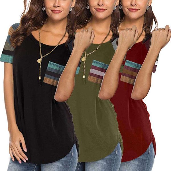 

women's t-shirt summer fashion round neck stripe print pocket loose top, White