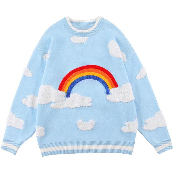 

men's sweaters cotton pullover men women embroidery furry cloud rainbow knitted sweater harajuku loose jumpers outwear, White;black