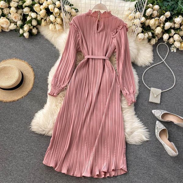 

casual dresses women pleated dress 2021 spring autumn long sleeve ruffles elegant ladies wiht belt bandage midi vestidos, Black;gray