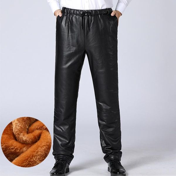 

men's pants winter pu leather thick fleece male warm trousers windproof waterproof elastic waist black faux work