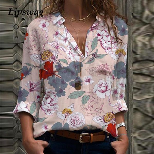 

women's blouses & shirts elegant office lady floral print shirt turn-down collar casual 2021 spring long sleeve button blusa feminina 5, White