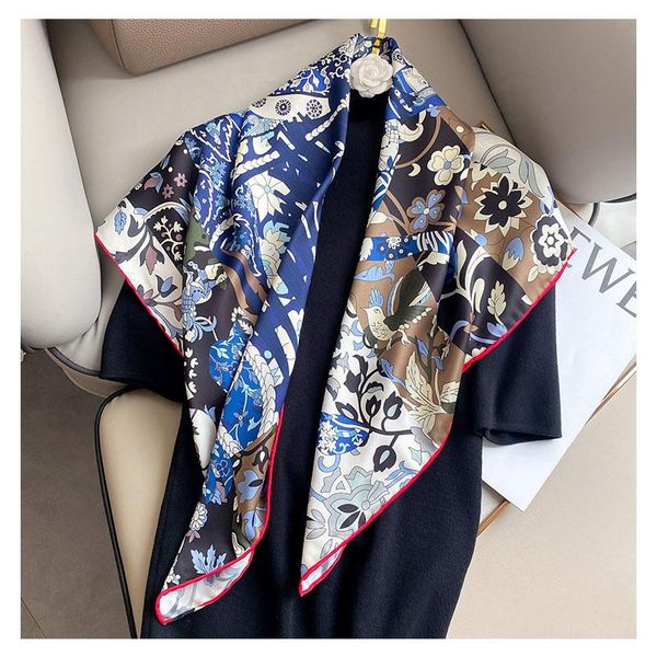 

scarves 2021 fashion hand stitch twill silk square scarf woman printing headscarf shawl wraps bandana hijabs 90cm, Blue;gray