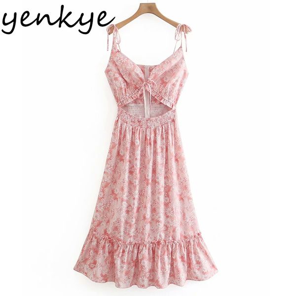 

sweet pink floral print dress women v neck sleeveless sling holiday long female summer hollow out vestido 210430, Black;gray